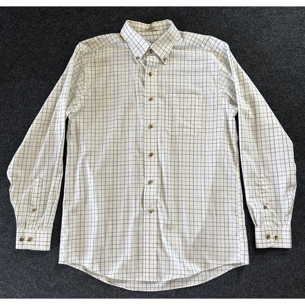 Mens LL Bean Button Down Long Sleeve Shirt Med Cream Blue Check Wrinkle Free - Picture 2 of 7